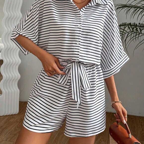 Multicolor Casual Women's Striped Batwing Sleeve Front Button Romper - Picture 3 of 6